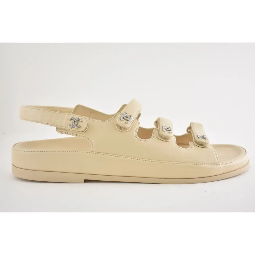 Chanel 24S Beige Leather Triple Strap CC Logo Mule Slide Teva Dad Sandal Flat 41